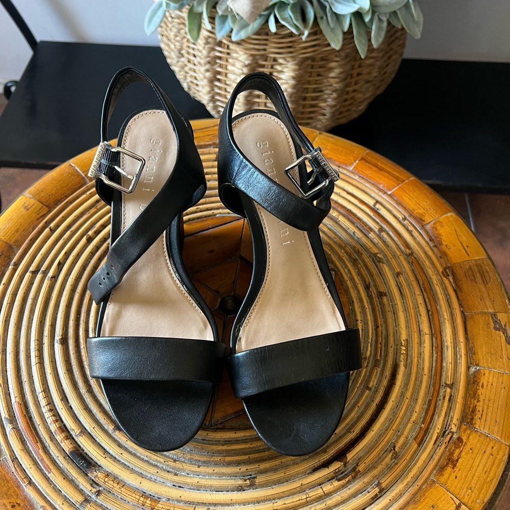 Gianni Bini Black Leather Open-Toe Slingback Heels